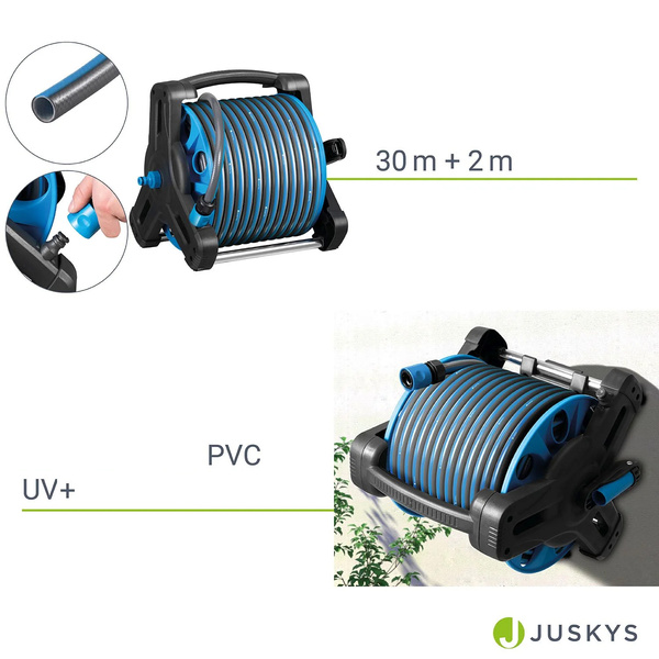 WĄŻ OGRODOWY 30M Z BĘBNEM ZWIJANY + UCHWYT ZRASZACZE PISTOLET ADAPTERY