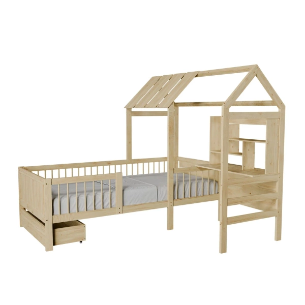 ŁÓŻKO DZIECIECE DOMEK YARI 90x200 CM SZUFLADA BIURKO DLA DZIECKA NATURALNE