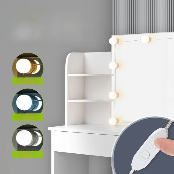 TOALETKA KOSMETYCZNA Z LUSTREM 10x LED DO MAKIJAŻU WIZAŻU BIAŁA 90x40x140CM