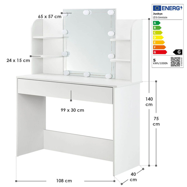 TOALETKA KOSMETYCZNA BELLA Z LUSTREM I LED USB SZAFKĄ SZUFLADĄ DO MAKIJAŻU