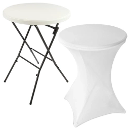 STÓŁ KOKTAJLOWY TARGOWY BANKIETOWY BISTRO SKŁADANY BIAŁY Ø80CM + POKROWIEC