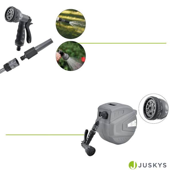 WĄŻ OGRODOWY 20M ZWIJANY AUTOMATYCZNY BĘBEN + UCHWYT + ZRASZACZE + PISTOLET