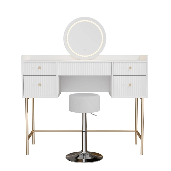 TOALETKA KOSMETYCZNA Z LUSTREM LED DO MAKIJAŻU WIZAŻU BIAŁA + ZŁOTO + HOKER