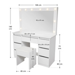 TOALETKA KOSMETYCZNA LILIA Z LED, LUSTREM I 7 SZUFLADAMI BIAŁA + PUFA MELLY