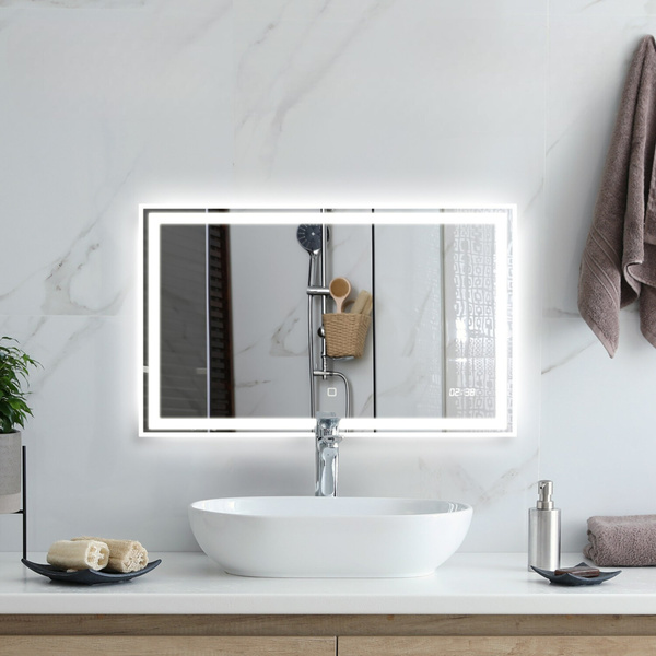  LUSTRO 100x60 CM ŁAZIENKOWE WISZĄCE ŚCIENNE Z LED + ANTI-FOG + ZEGAR