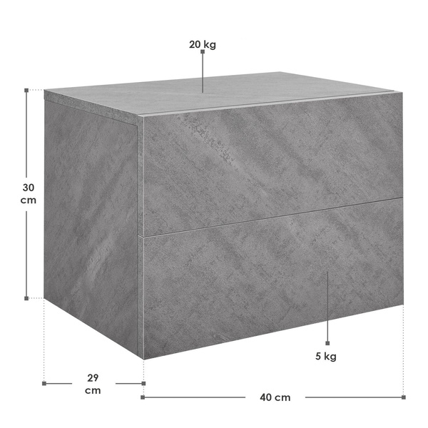WISZĄCA SZAFKA NOCNA 2 SZUFLADY 40x29x30 CM SZARY DEKOR BETONU INDUSTRIALNA