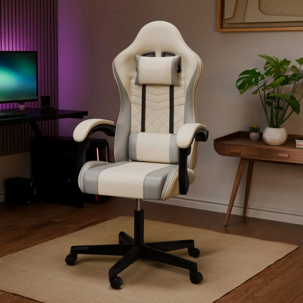 FOTEL GAMINGOWY BIUROWY KUBEŁKOWY GRACZA OBROTOWY HYPERSEAT BEŻOWY SZARY