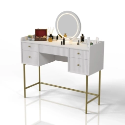 TOALETKA KOSMETYCZNA Z LUSTREM LED DO MAKIJAŻU WIZAŻU BIAŁA + ZŁOTO