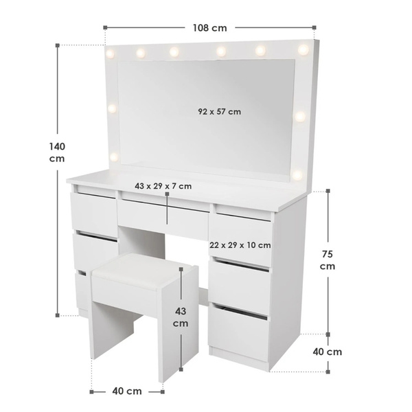 TOALETKA KOSMETYCZNA LILIA Z LED, LUSTREM I 7 SZUFLADAMI BIAŁA + PUFA MELLY
