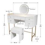 TOALETKA KOSMETYCZNA Z LUSTREM LED DO MAKIJAŻU WIZAŻU BIAŁA + ZŁOTO + PUFA