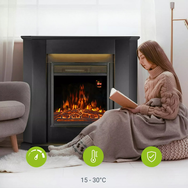 KOMINEK ELEKTRYCZNY 2000W 2 TRYBY CZARNY NAROŻNY Z EFEKTEM PŁOMIENIA+ LED