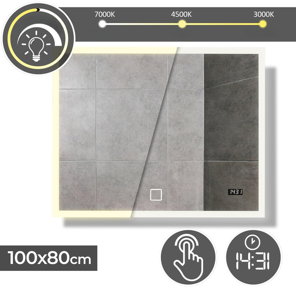  LUSTRO 100x80 CM ŁAZIENKOWE WISZĄCE ŚCIENNE Z OŚWIELTENIEM LED ZEGAREM