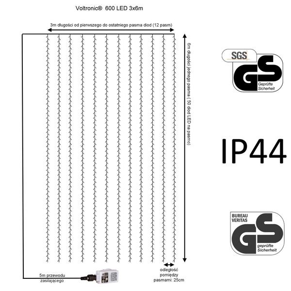 KURTYNA ŚWIETLNA ZWISAJĄCE SOPLE LAMPKI 3x6M 600 BIAŁYCH DIOD