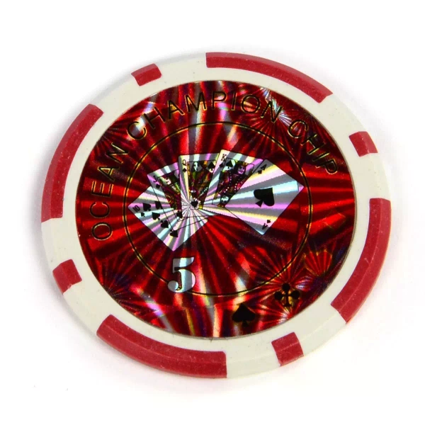 50x ŻETONY LASEROWE 12G WARTOŚĆ 5 DO POKERA RDZEŃ METAL CHIPS OCEAN RED