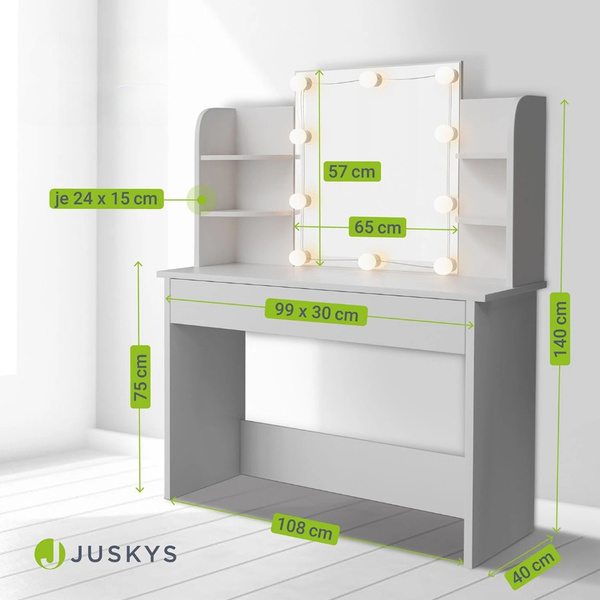 TOALETKA KOSMETYCZNA BELLA Z LUSTREM I LED USB SZAFKĄ SZUFLADĄ DO MAKIJAŻU