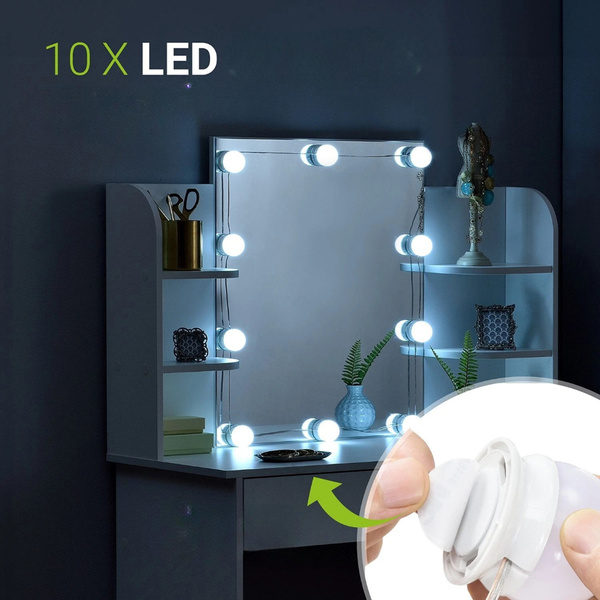 TOALETKA KOSMETYCZNA BELLA Z LUSTREM I LED USB SZAFKĄ SZUFLADĄ DO MAKIJAŻU