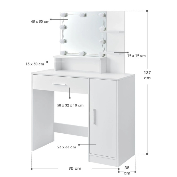 TOALETKA KOSMETYCZNA Z LUSTREM LED DO MAKIJAŻU WIZAŻU BIAŁA ZOEY 90x38x137