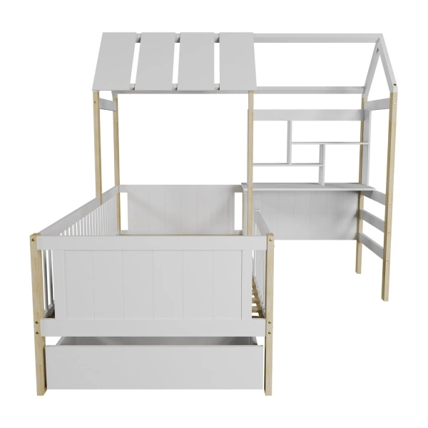 ŁÓŻKO DZIECIECE DOMEK YARI 90x200 CM Z BIURKIEM DLA DZIECKA BIAŁE NATURALNE