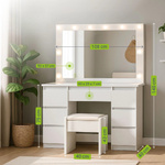 TOALETKA KOSMETYCZNA LILIA Z LED, LUSTREM I 7 SZUFLADAMI BIAŁA + PUFA MELLY