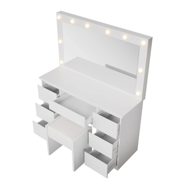 TOALETKA KOSMETYCZNA LILIA Z LED, LUSTREM I 7 SZUFLADAMI BIAŁA + PUFA MELLY