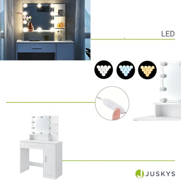 TOALETKA KOSMETYCZNA Z LUSTREM LED DO MAKIJAŻU WIZAŻU BIAŁA ZOEY 90x38x137