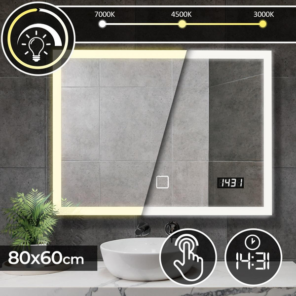  LUSTRO 80x60 CM ŁAZIENKOWE WISZĄCE ŚCIENNE Z OŚWIELTENIEM LED ZEGAREM