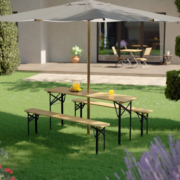 ZESTAW OGRODOWY CATERINGOWY PIWNY BANKIETOWY STÓŁ 170 CM + 2x ŁAWKA DREWNO