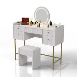 TOALETKA KOSMETYCZNA Z LUSTREM LED DO MAKIJAŻU WIZAŻU BIAŁA + ZŁOTO + PUFA