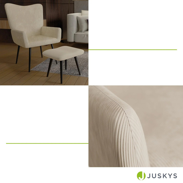 FOTEL USZAK Z PODNÓŻKIEM WYPOCZYNKOWY SKANDYNAWSKI STYL BEŻOWY SZTRUKS