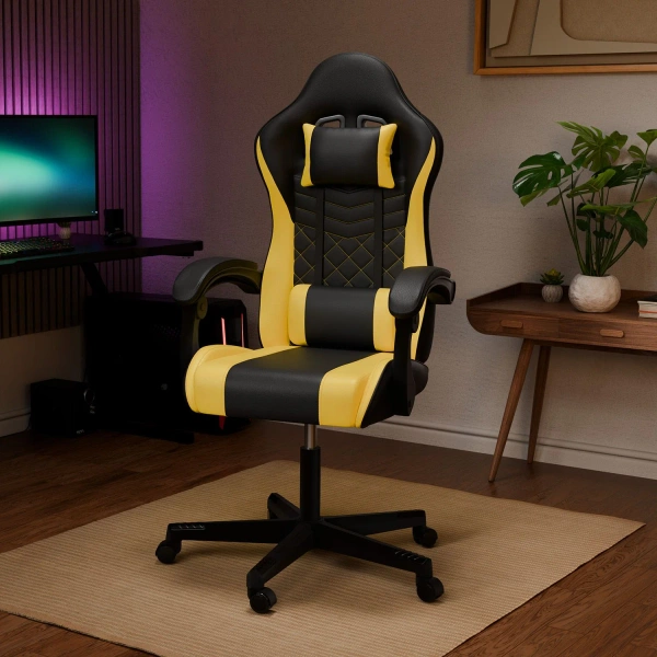FOTEL GAMINGOWY BIUROWY KUBEŁKOWY GRACZA OBROTOWY HYPERSEAT CZARNY ŻÓŁTY