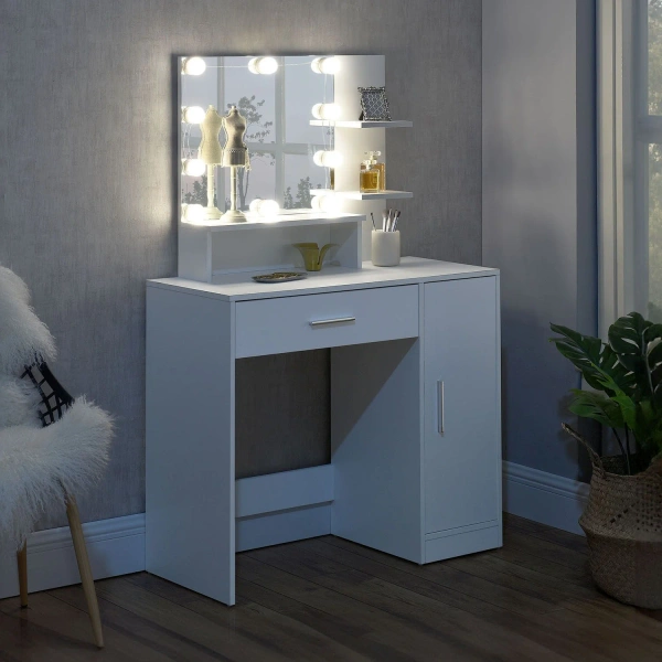 TOALETKA KOSMETYCZNA Z LUSTREM LED DO MAKIJAŻU WIZAŻU BIAŁA ZOEY 90x38x137