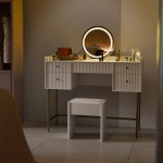 TOALETKA KOSMETYCZNA Z LUSTREM LED DO MAKIJAŻU WIZAŻU BIAŁA + ZŁOTO + PUFA