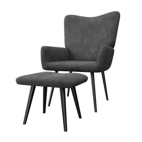 FOTEL USZAK Z PODNÓŻKIEM WYPOCZYNKOWY SKANDYNAWSKI STYL SZARY SZTRUKS