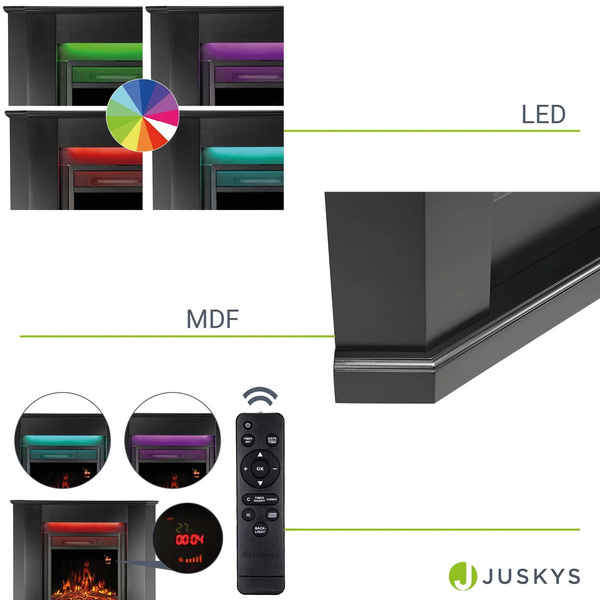 KOMINEK ELEKTRYCZNY 2000W 2 TRYBY CZARNY NAROŻNY Z EFEKTEM PŁOMIENIA+ LED