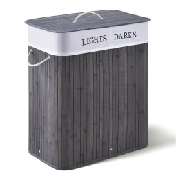 KOSZ NA PRANIE BAMBUSOWY 100L 2 KOMORY Z POKRYWĄ WORKIEM SKŁADANY SZARY