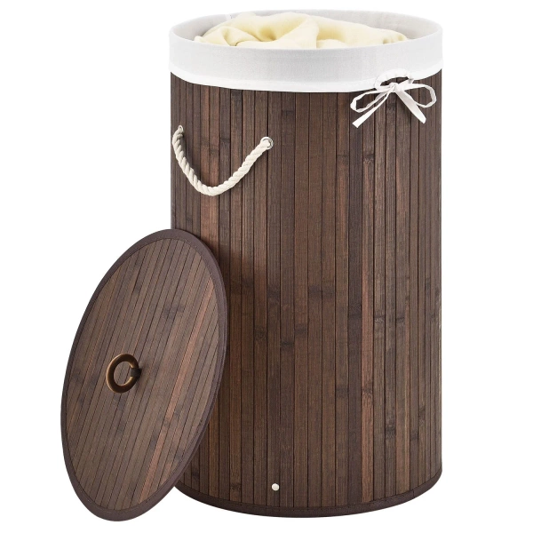 OKRĄGŁY KOSZ NA PRANIE BAMBUS 55L Z POKRYWĄ I WORKIEM NATURALNY EKO BRĄZOWY