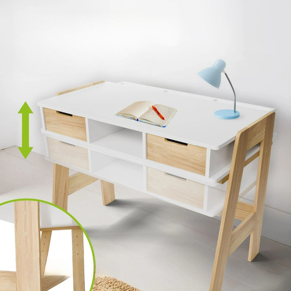 BIURKO DZIECIĘCE REGULOWANE Z SZUFLADAMI BIAŁE STOLIK DO NAUKI KREŚLARSKI
