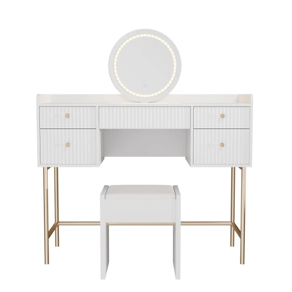 TOALETKA KOSMETYCZNA Z LUSTREM LED DO MAKIJAŻU WIZAŻU BIAŁA + ZŁOTO + PUFA