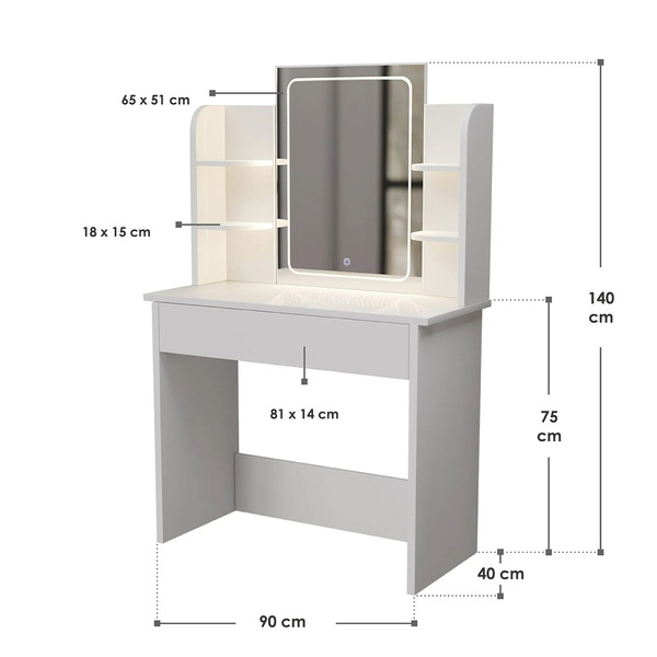 TOALETKA KOSMETYCZNA Z LUSTREM LED DO MAKIJAŻU WIZAŻU BIAŁA 90x40x140 CM