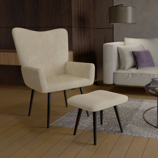 FOTEL USZAK Z PODNÓŻKIEM WYPOCZYNKOWY SKANDYNAWSKI STYL BEŻOWY SZTRUKS