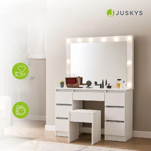 TOALETKA KOSMETYCZNA LILIA Z LED, LUSTREM I 7 SZUFLADAMI BIAŁA + PUFA MELLY