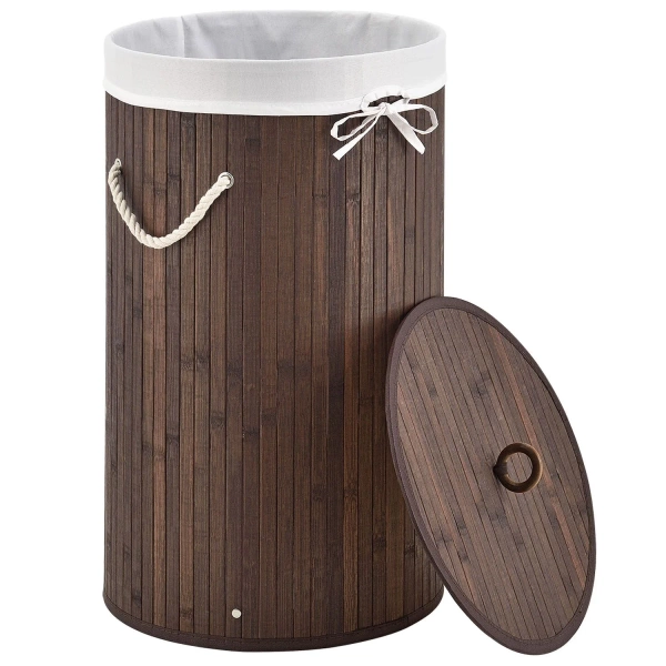 OKRĄGŁY KOSZ NA PRANIE BAMBUS 55L Z POKRYWĄ I WORKIEM NATURALNY EKO BRĄZOWY