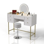 TOALETKA KOSMETYCZNA Z LUSTREM LED DO MAKIJAŻU WIZAŻU BIAŁA + ZŁOTO + HOKER