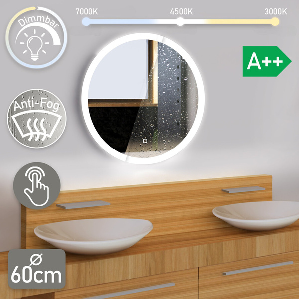  LUSTRO OKRĄGŁE 60 CM ŁAZIENKOWE BEZRAMKOWE Z OŚWIELTENIEM LED I ANTI-FOG